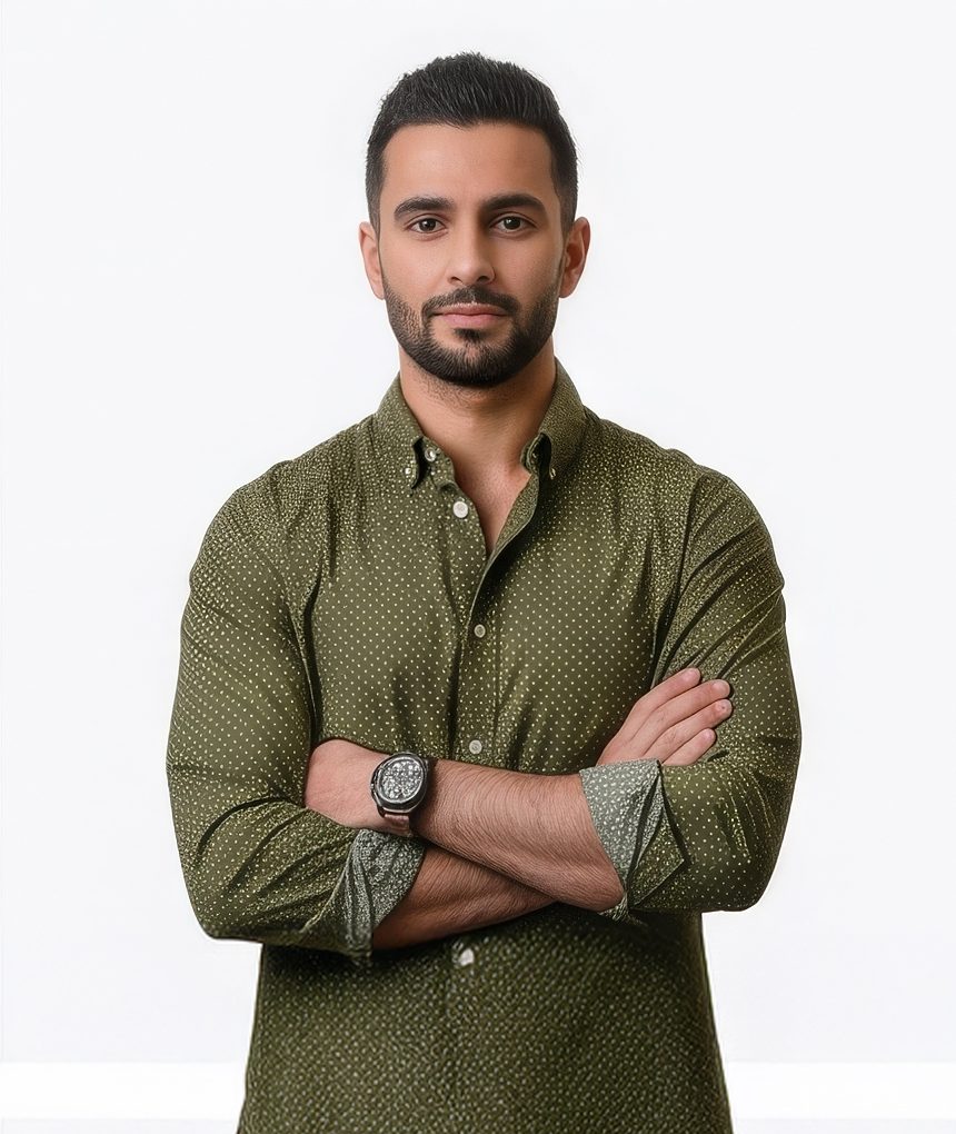 Man in an olive patterned shirt for a creative LinkedIn headshot