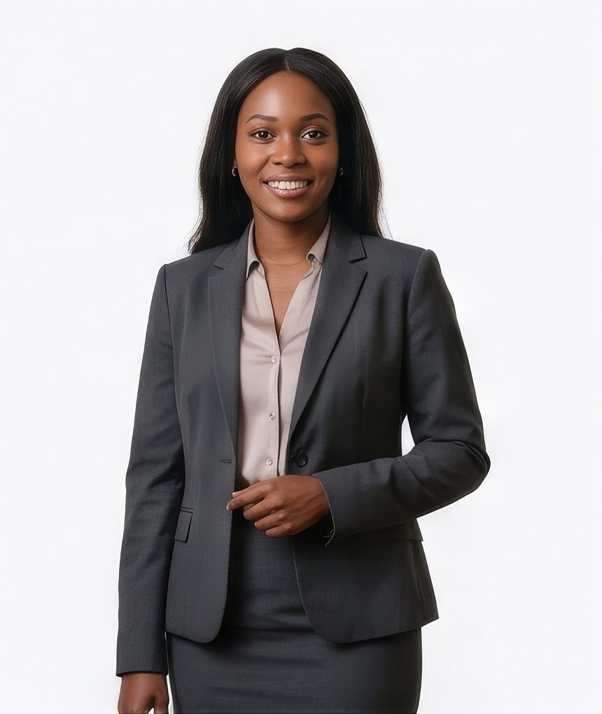 Woman in a dark grey blazer for a finance LinkedIn headshot