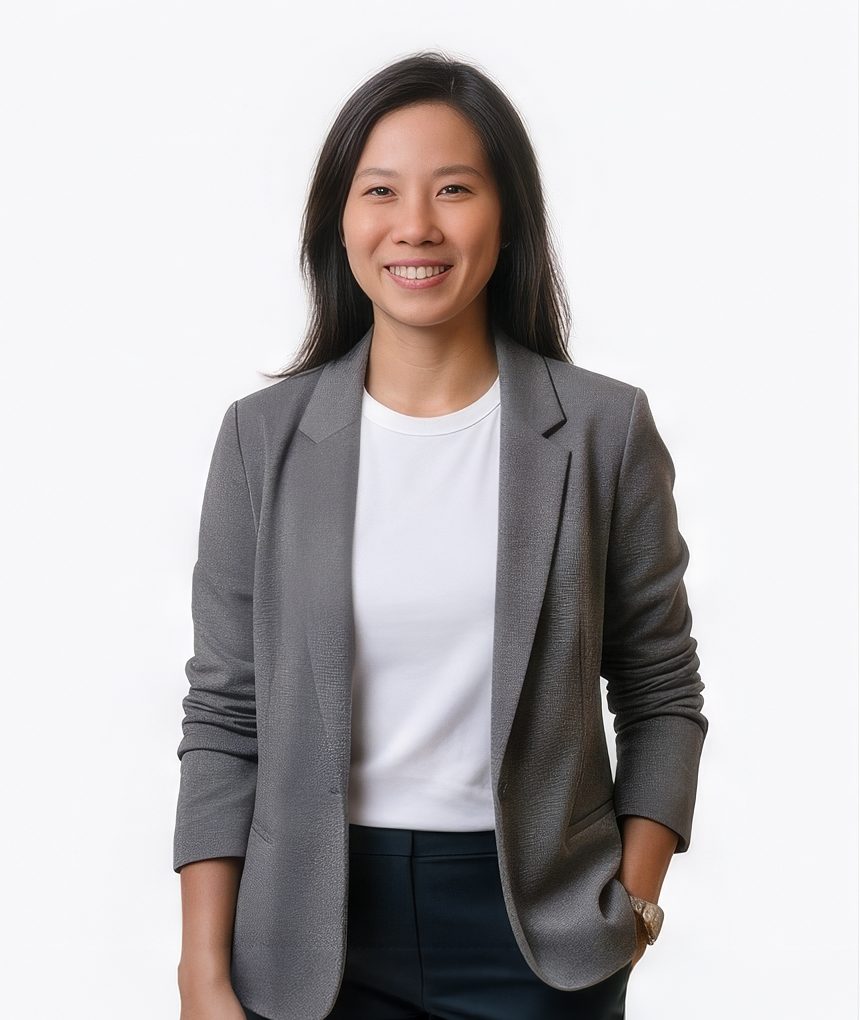 Woman in a grey blazer with white t-shirt for a tech LinkedIn headshot